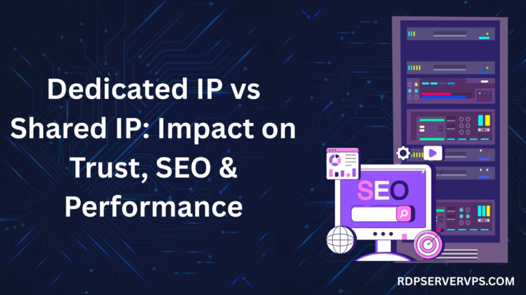 Dedicated IP vs Shared IP comparison showing impact on trust, SEO, and website performance with server and SEO dashboard illustration.