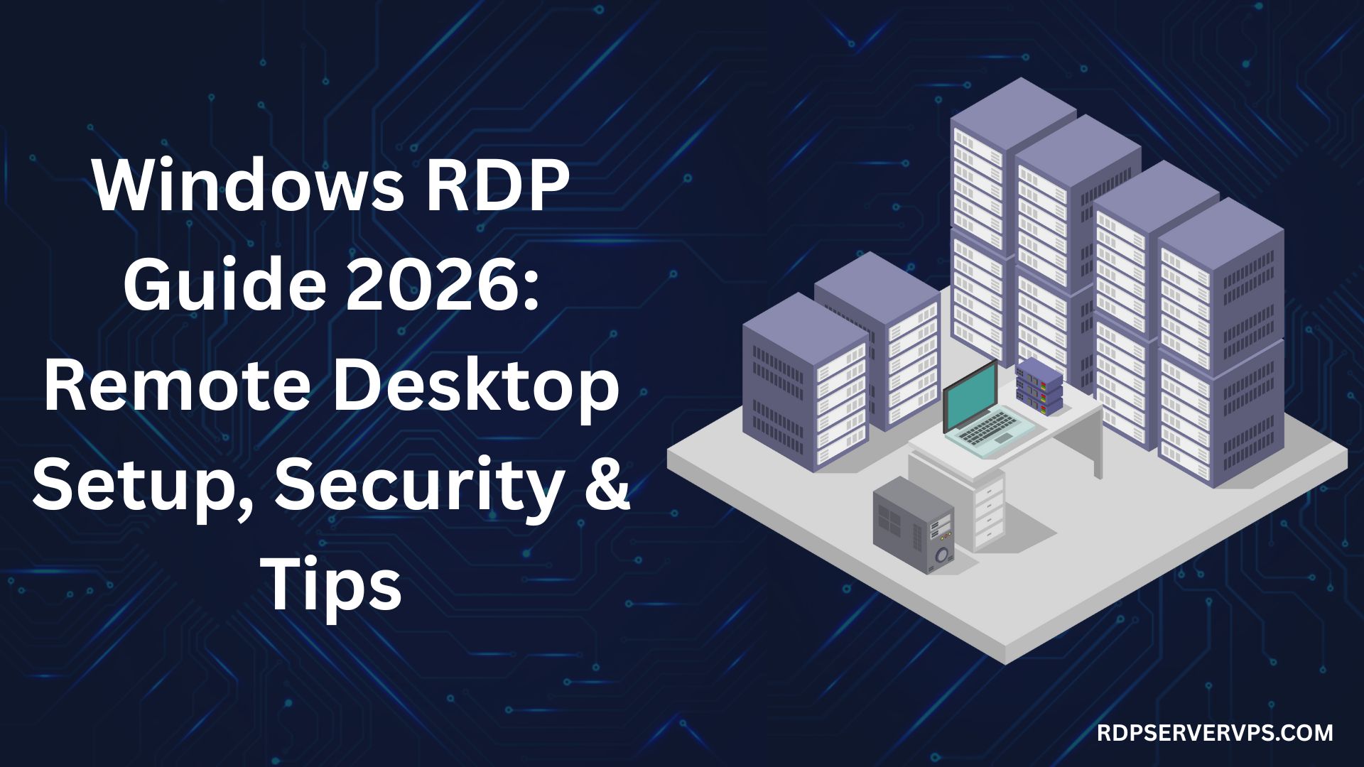 Windows RDP guide 2026 showing remote desktop server setup with data center and connected computer illustration