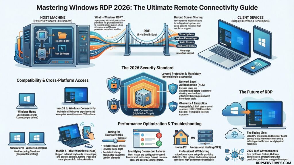 Windows RDP infographic showing remote desktop connection between host machine and client devices with security layers, performance optimization, cross-platform access, and future RDP technologies in 2026