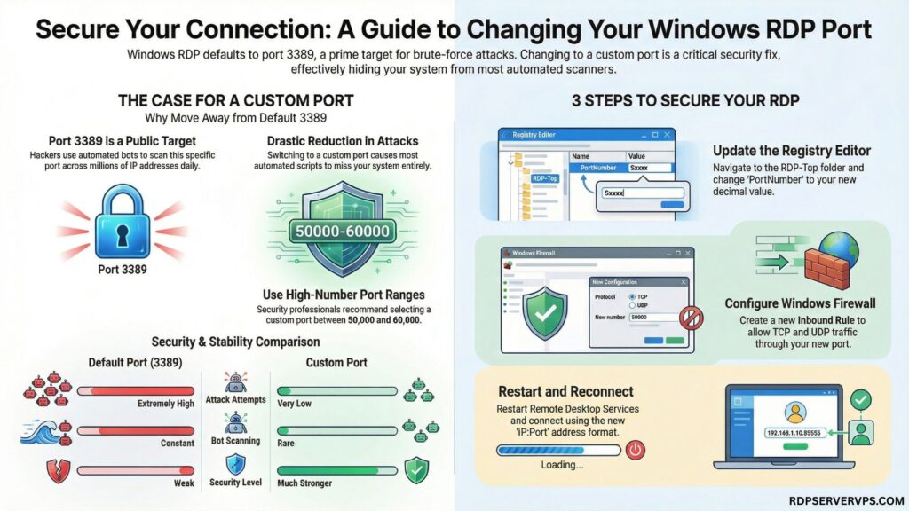 Step-by-step infographic showing how to change Windows RDP port from 3389 to a custom port and configure firewall for better security