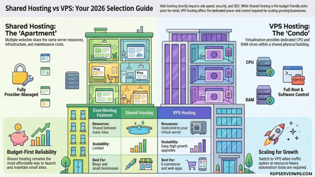 Shared Hosting vs VPS Hosting infographic showing performance, resources, scalability, and control differences in 2026