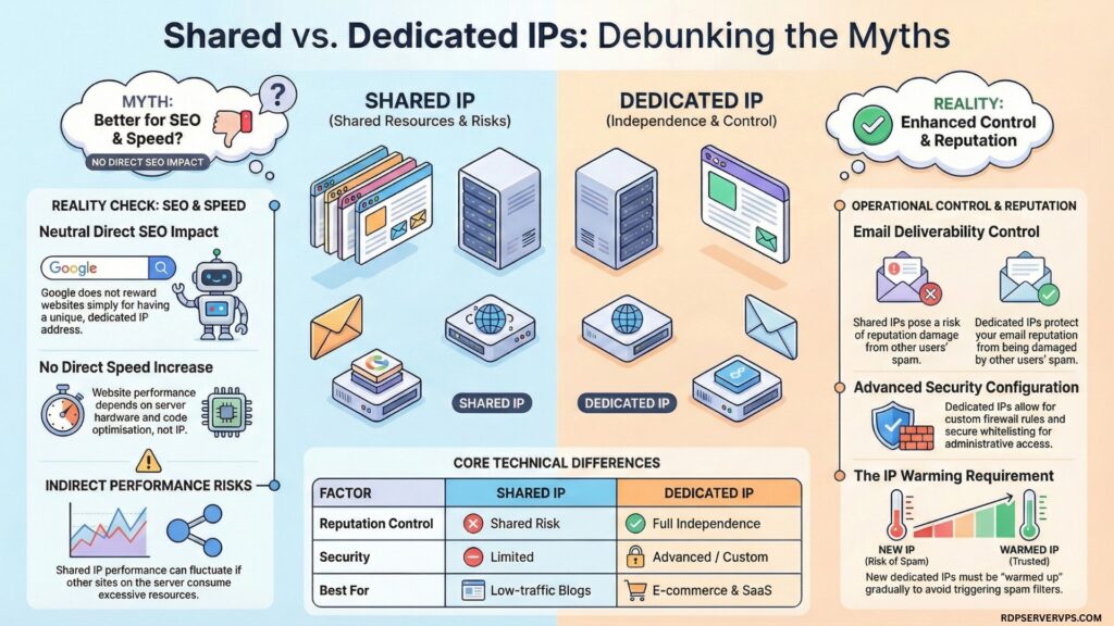 Infographic comparing shared IP and dedicated IP showing reputation control, security levels, SEO myths, performance risks, and best use cases for websites and businesses