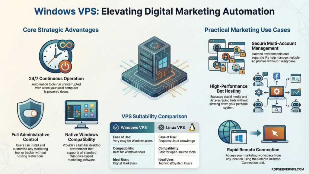 Windows VPS benefits for digital marketers including automation bots performance and account management