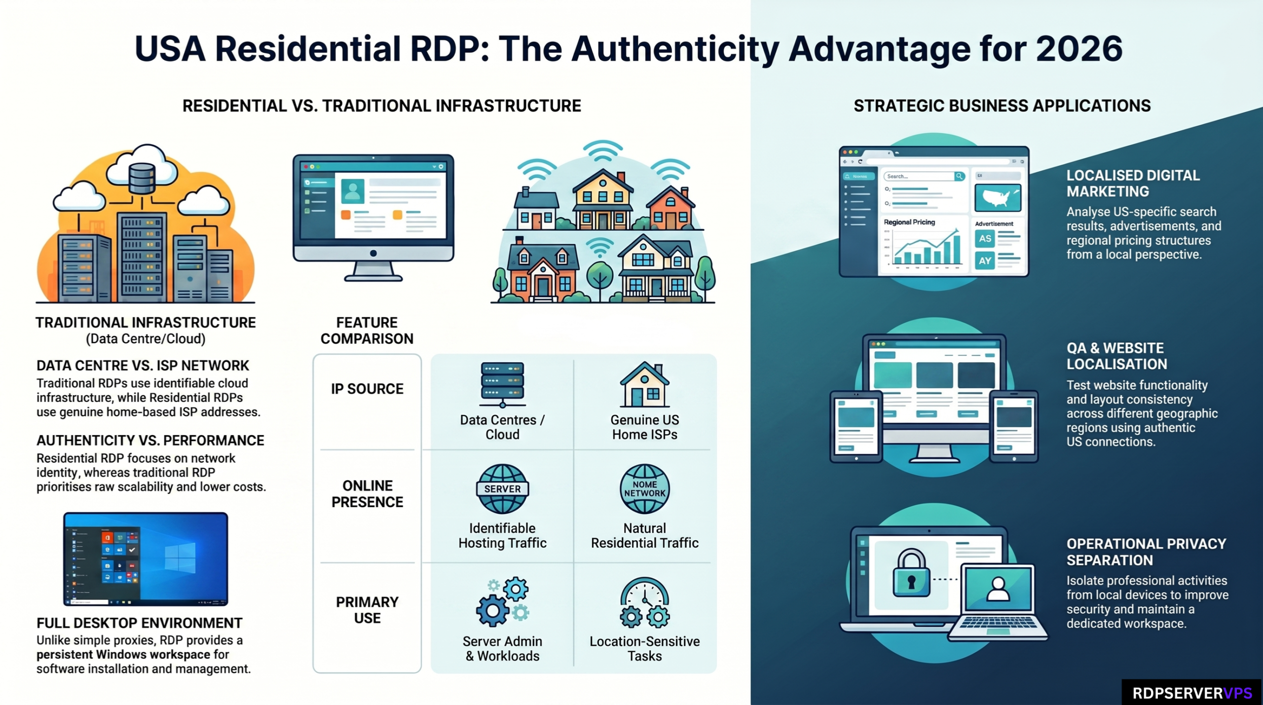 USA Residential RDP infographic comparing residential and traditional RDP infrastructure with business use cases and residential IP advantages