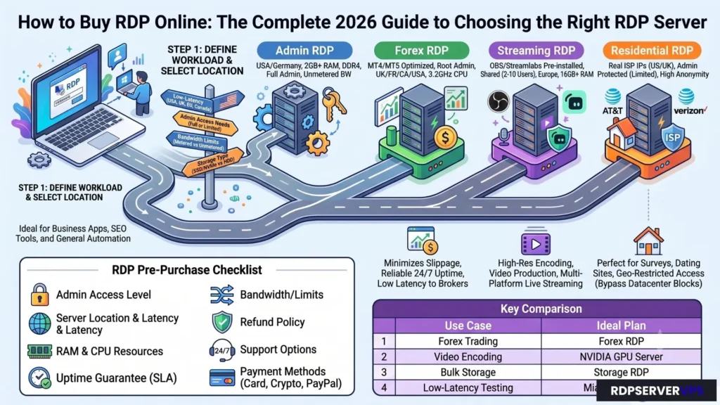 Infographic explaining how to buy an RDP server online, compare RDP plans, and choose the right server based on workload and performance.