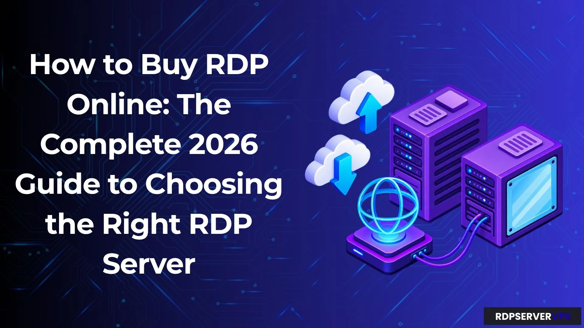 Buy RDP Online guide banner featuring cloud-connected server infrastructure, data transfer icons, and a modern RDP hosting illustration.