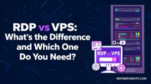 RDP vs VPS comparison graphic: a remote desktop screen next to a virtual private server