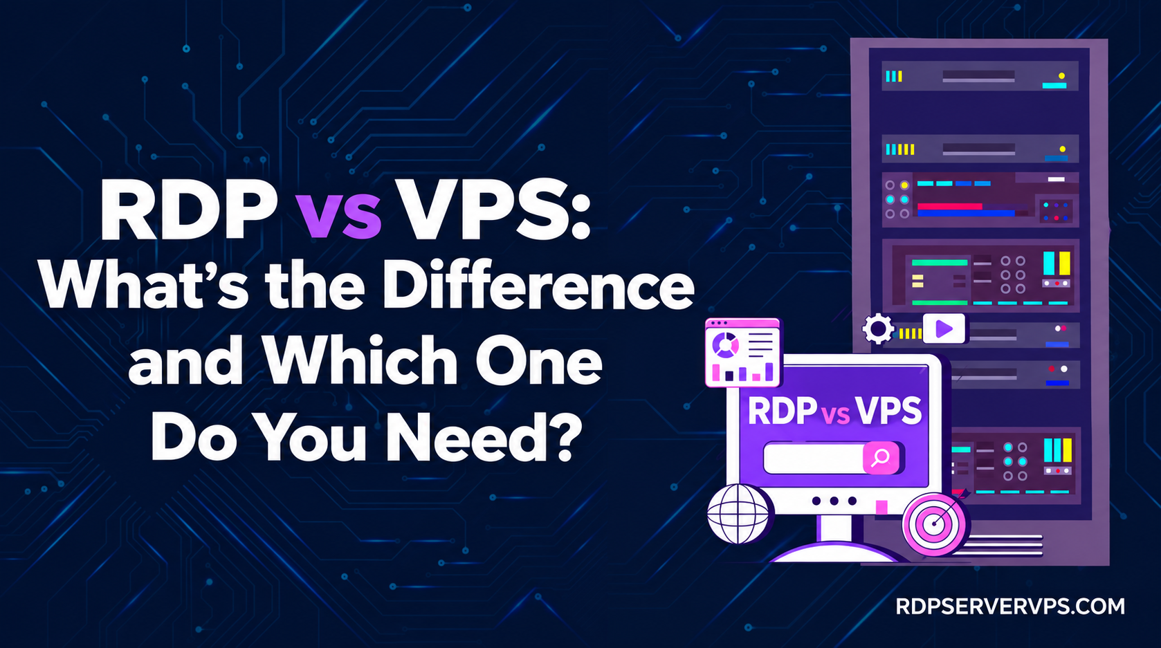 RDP vs VPS comparison graphic: a remote desktop screen next to a virtual private server